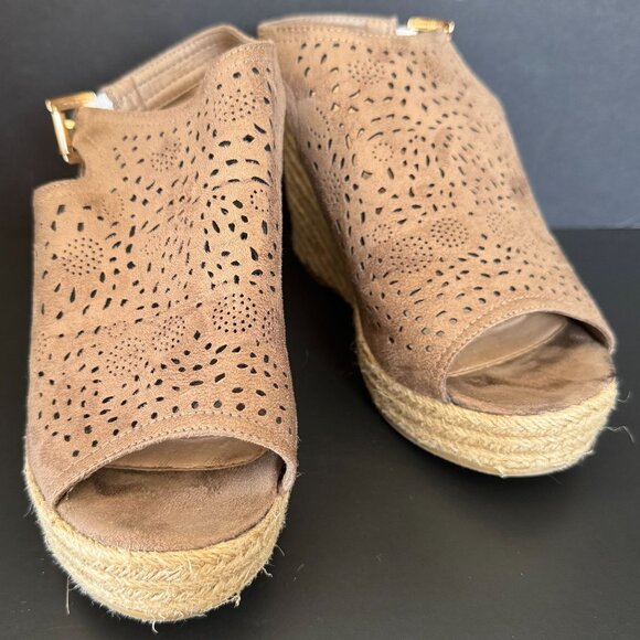 Womens Brown Laser-Cut Faux Suede Wedge Sandals With Jute Espadrille Platform So - Picture 1 of 10